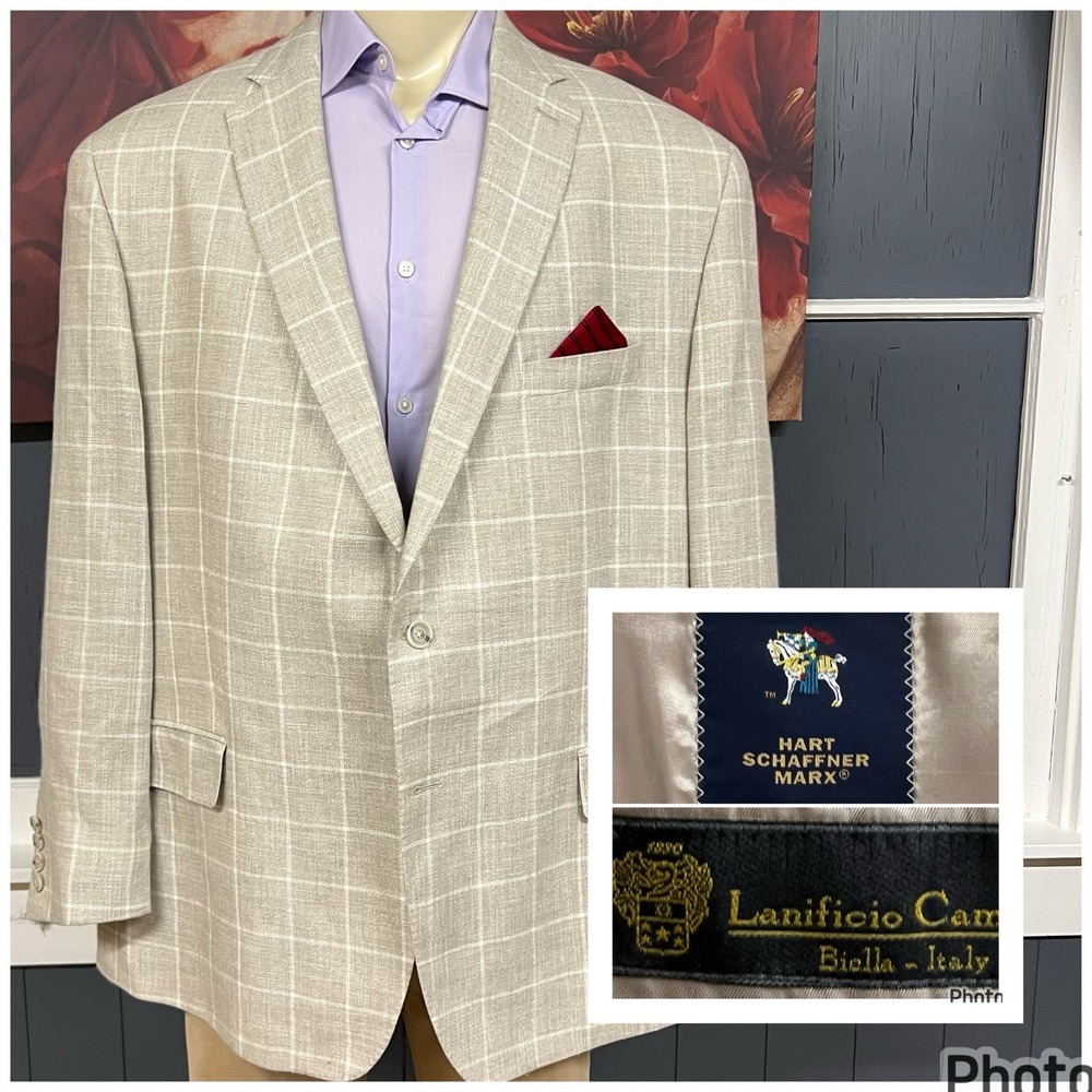 Hart Schaffner Marx Linen Viscose Hopsack Blazer Sport Coat Mens 52R Light Beige